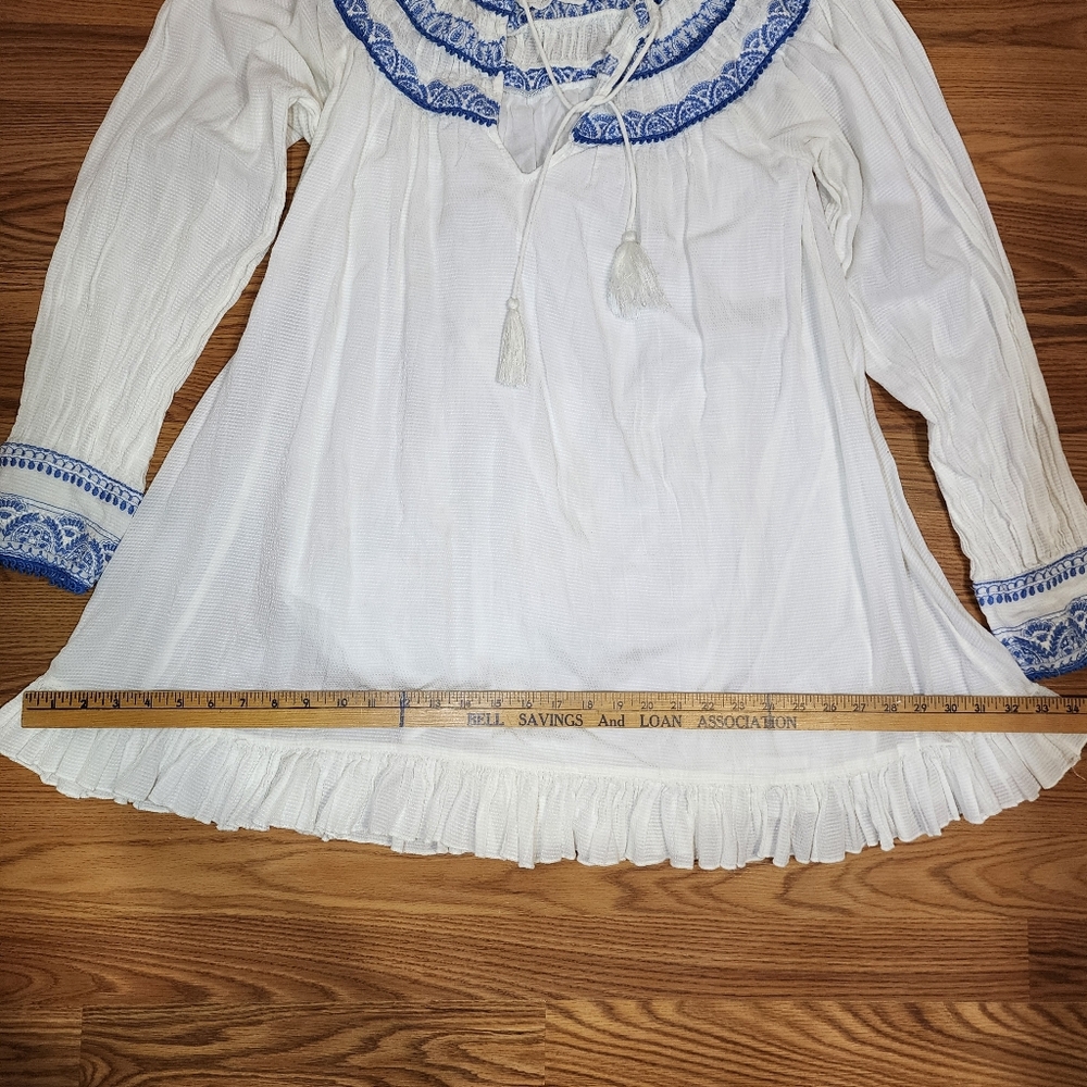Free People Erin Embroidered Smocked Mini Dress Size Large White and Blue - Picture 16 of 16